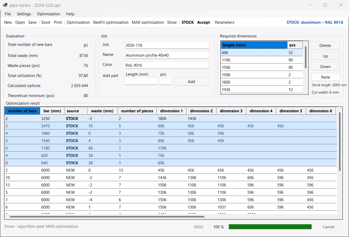 Pipe-tunes 2 main window with the optimisation result and offcuts taken from stock
