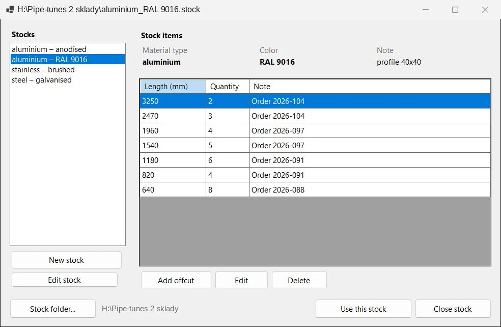 STOCK window with the list of stocks and offcuts