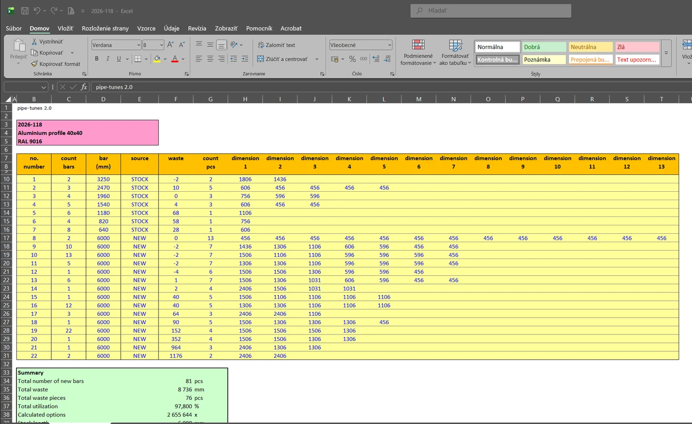 Optimisation result exported to Excel
